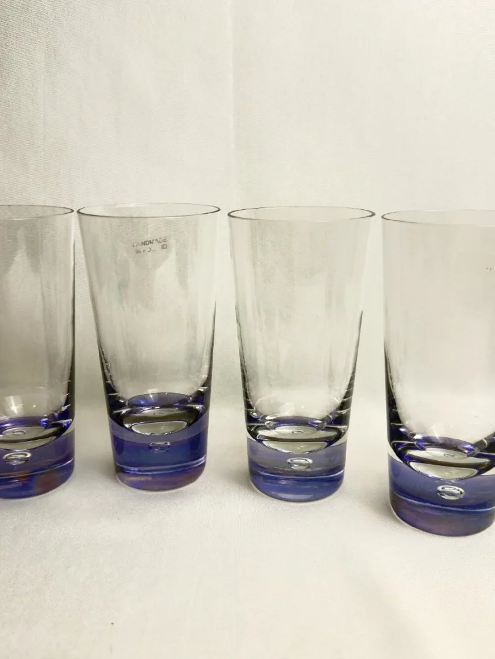 Handmade Polish Vintage Glass Tumblers 12 oz Blue/Purple Bubble Base Set of 4